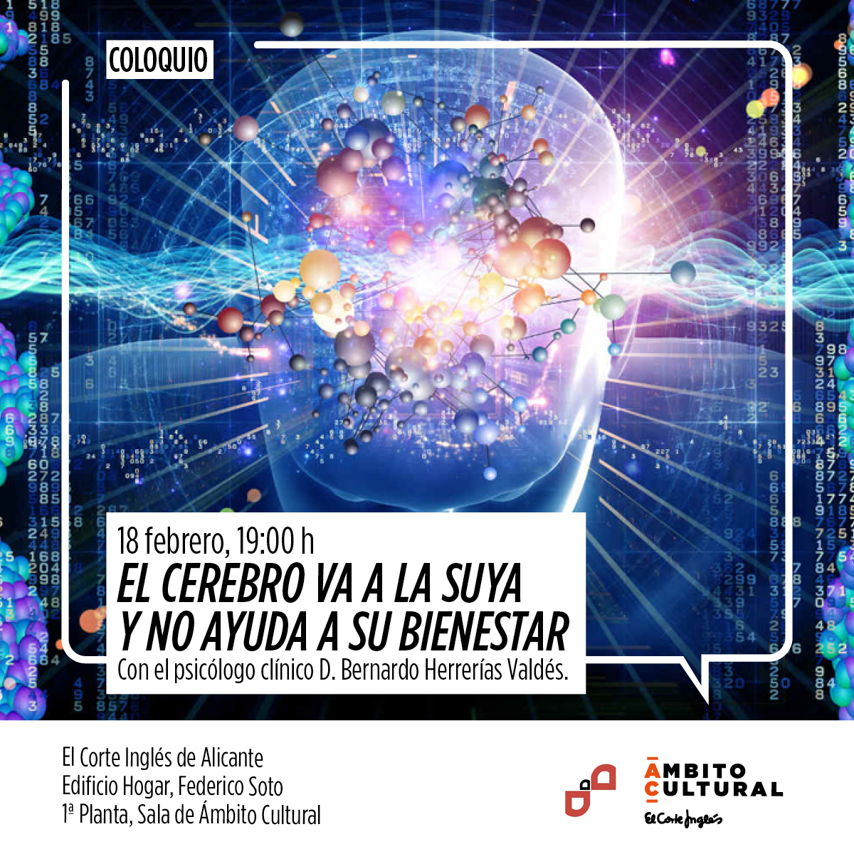 CHARLA /COLOQUIO “EL CEREBRO VA A LA SUYA Y NO AYUDA A SU BIENESTAR” CON EL PSICÓLOGO CLÍNICO D. BERNARDO HERRERÍAS VALDÉS
